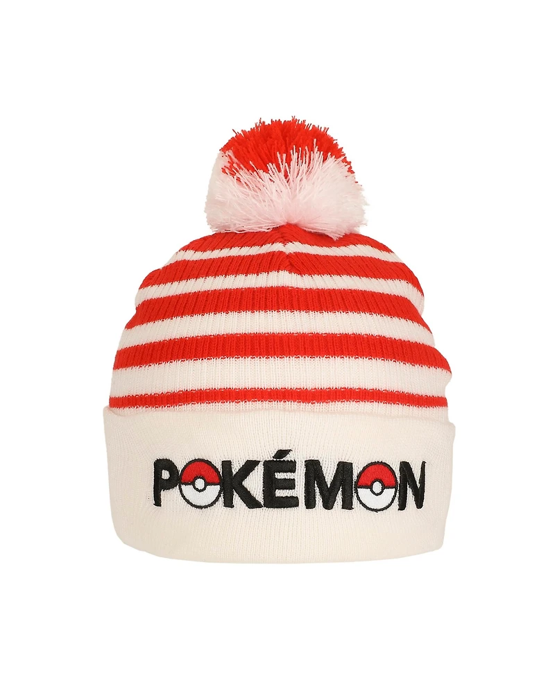 Pokemon Men's Pokeball Plush Pom, Red And White Stripes Cuff Beanie