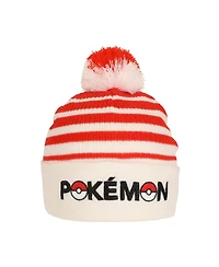 Pokemon Men's Pokeball Plush Pom, Red And White Stripes Cuff Beanie