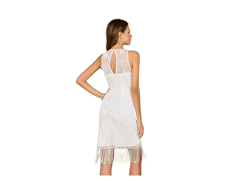 Lara Women's Illusion Neck, Fringe Bridal Short Dress