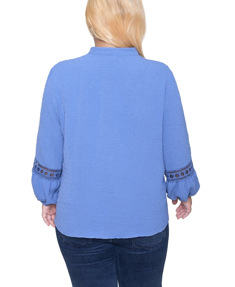 Ny Collection Women's Plus Crochet Trim Long Sleeve Blouse Top