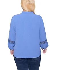 Ny Collection Women's Plus Crochet Trim Long Sleeve Blouse Top
