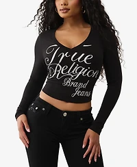 True Religion Women's Crystal Branded V Neck Baby T-Shirt