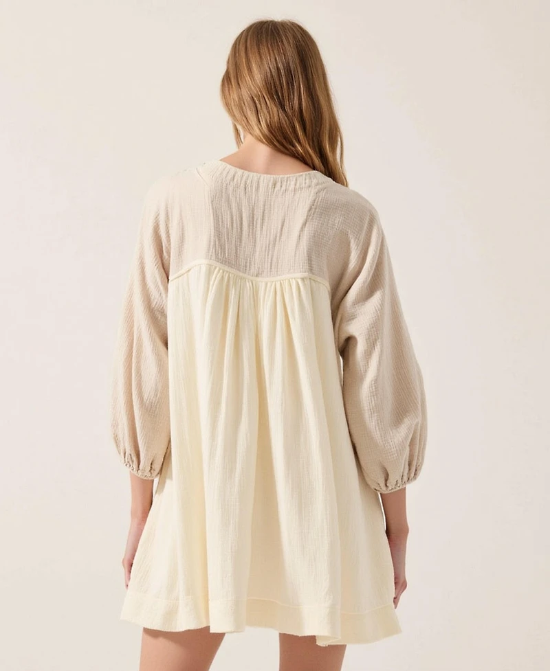 Modenaire Women's Textured Sheer Panel Pintuck Shirt Dress