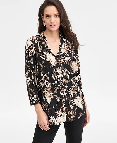Jm Collection Petite Trop Ity Floral Print Top, Macy's Exclusive