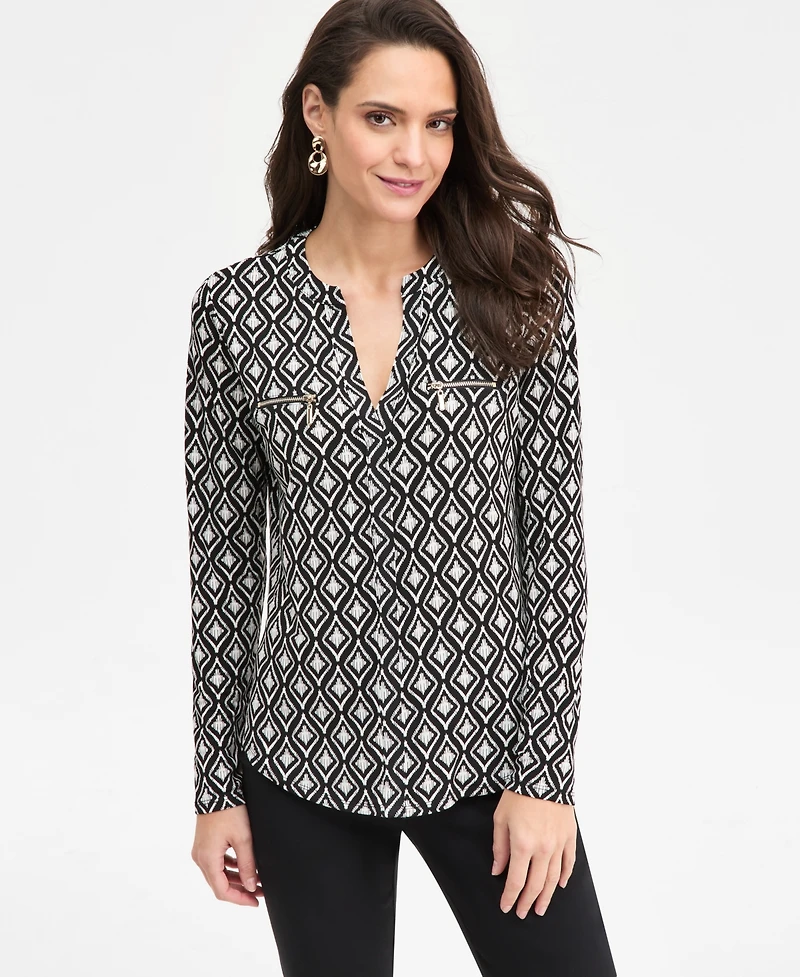 Jm Collection Petite Chloe Tile Long-Sleeve Zipper V-Neck Top, Macy's Exclusive