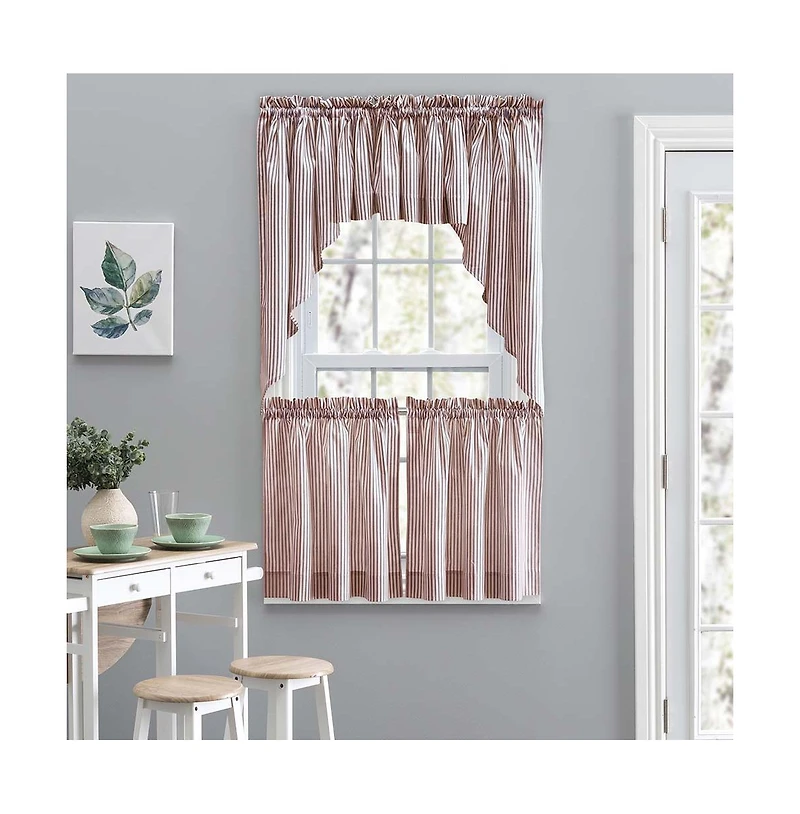 Ellis Curtain Plaza Classic Ticking Stripe Printed on Natural Ground 1.5" Rod Pocket Tailored Tiers 56" x 24" Brick
