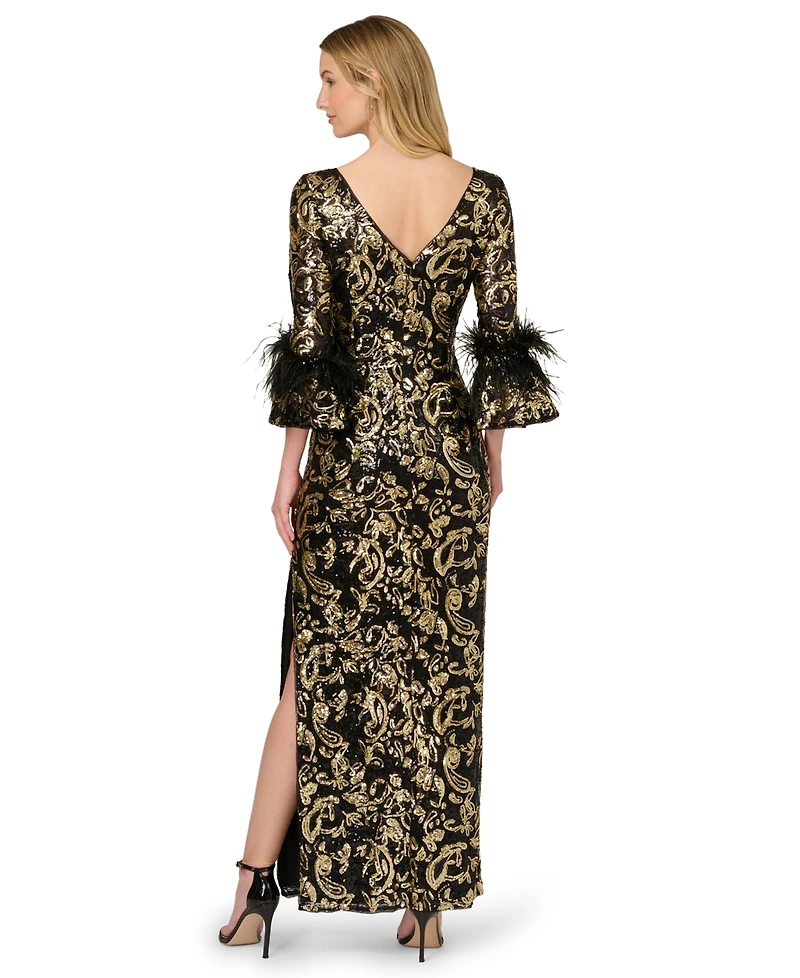 Adrianna Papell Women's Sequined Feather-Trim Gown