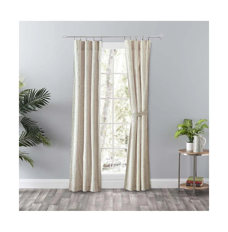 Ellis Curtain Plaza Classic Ticking Stripe Printed 3" Rod Pocket Tailored Panel Pair with Tiebacks 56" x 84" Tan
