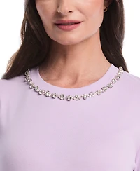 Rafaella Petite Embellished Neck Long Sleeve Top
