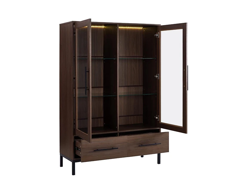 Casainc 60" Tall Display Cabinet with 2 Storage Drawers Glass Door & Led Lighting
