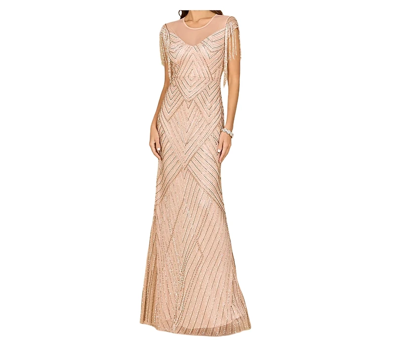 Lara Women's Beaded Fringe Illusion Dress with Cap Sleeves