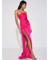 Miss Circle Women's Perrin Fuchsia Pink Feather Dress High Slit Gown