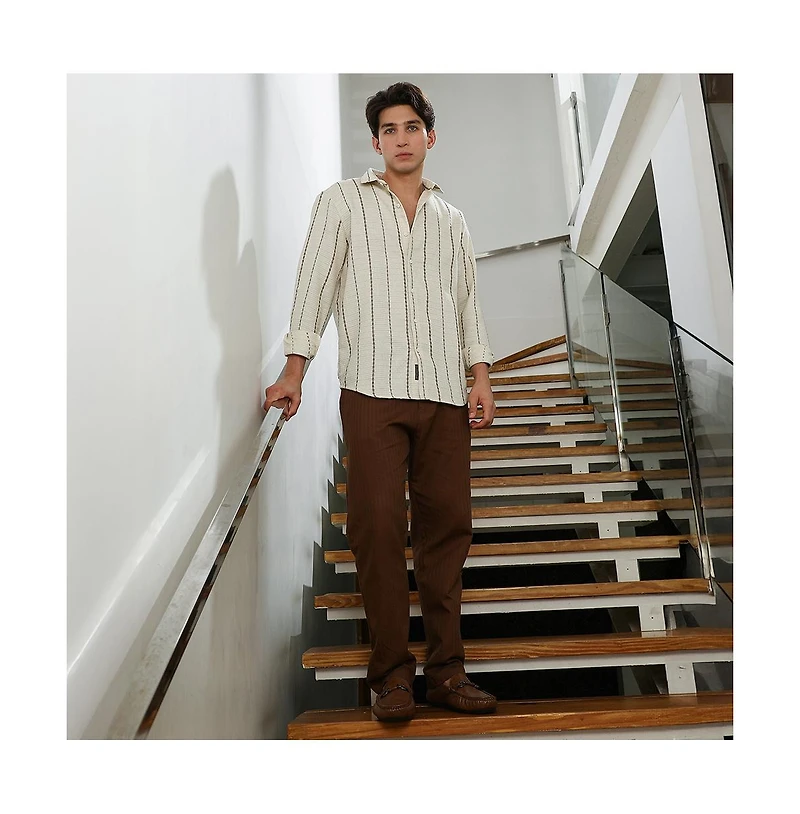 Campus Sutra Men's Textured Striped Cotton-Polyester Blend Shirt