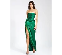 Miss Circle Women's Perrin Emerald Green Feather Dress High Slit Gown