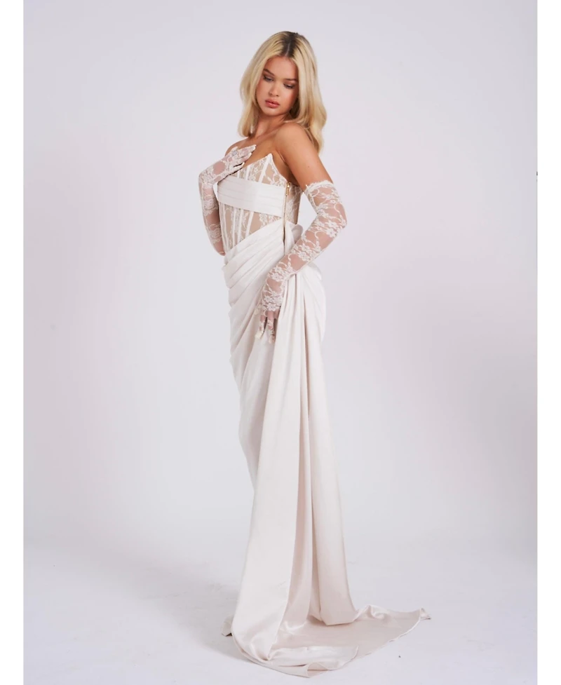 Miss Circle Women Callie Pearl White Lace Satin Corset High Slit Gown