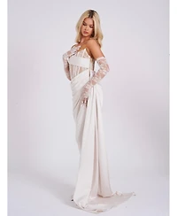 Miss Circle Women Callie Pearl White Lace Satin Corset High Slit Gown