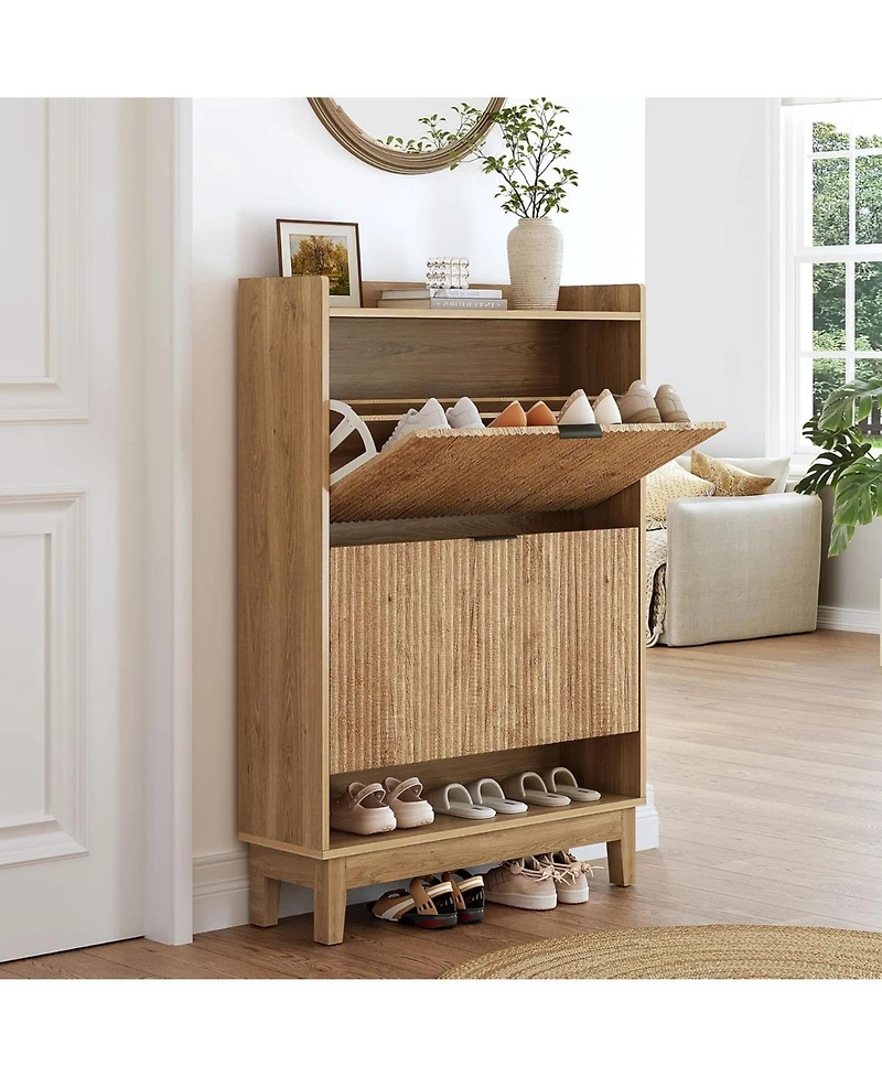 Tribesigns 31.5" Wide Narrow Entryway Cabinet,Shoe Cabinet with 2 Flip Drawers & Open Shelf