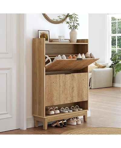 Tribesigns 31.5" Wide Narrow Entryway Cabinet,Shoe Cabinet with 2 Flip Drawers & Open Shelf