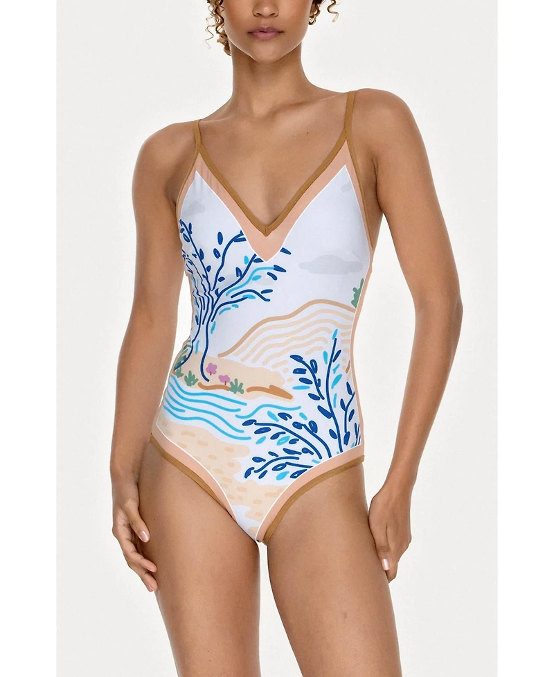 Jessie Zhao New York Women's Pink Garden Reversible V-Neck One-Piece Swimsuit