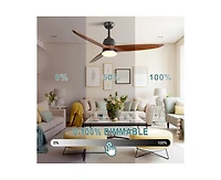 56-inch Modern 3 Solid Wood Blade Tri Color Dimming Ceiling Fan with Six Speed Remote Control and Forward Reverse Function for Indoor