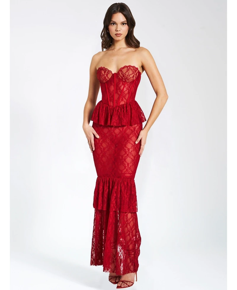 Miss Circle Women's Quennell Burgundy Lace Corset Maxi Dress