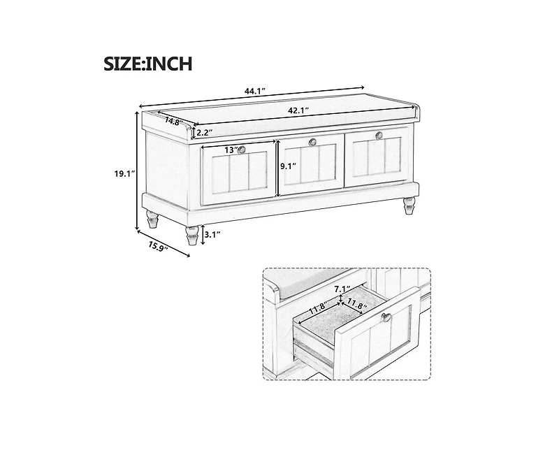 Classic Shoe Bench Cabinet with Cushion and Three Drawers