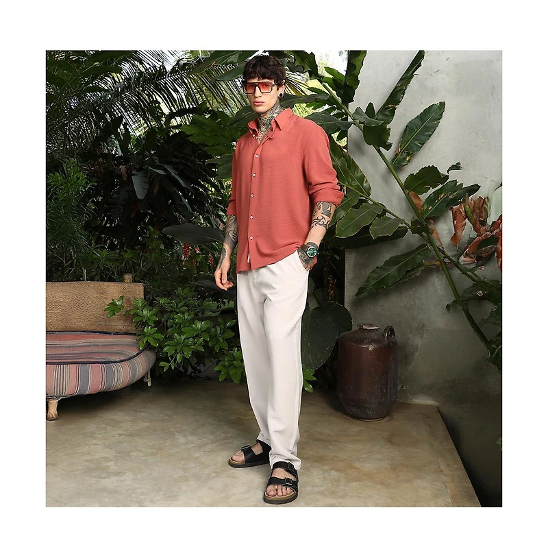 Campus Sutra Men's Coral Orange Breezy Wrinked Shirt