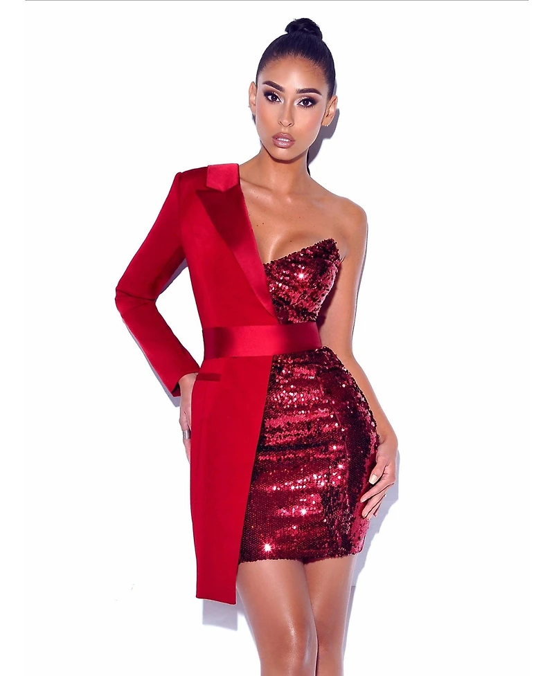 Miss Circle Women's Silver Night Wine Red Sequin Crepe Tuxedo Blazer Dress