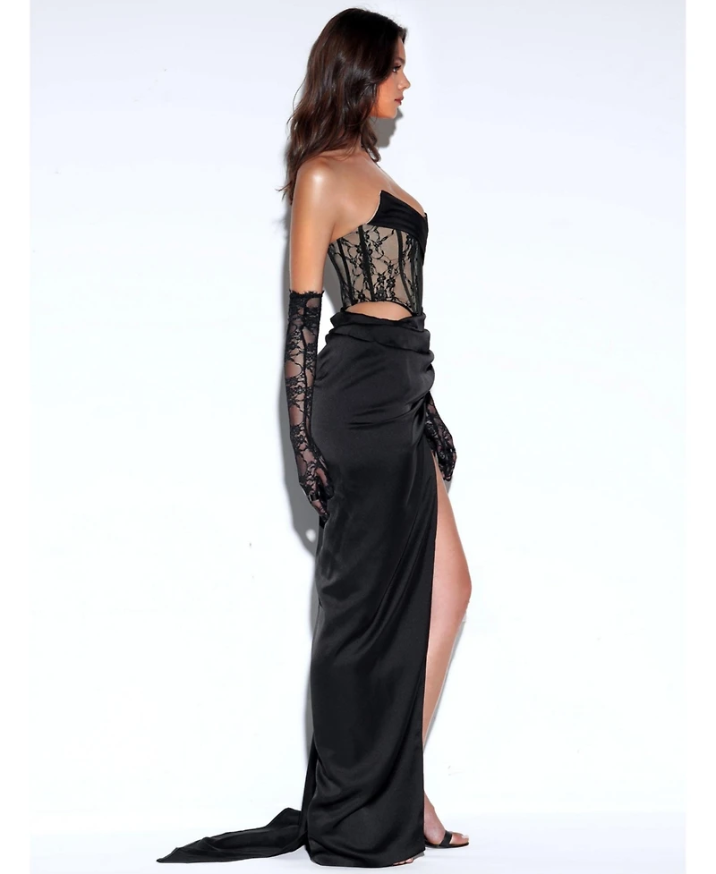 Miss Circle Women's Callie Black Lace Satin Corset High Slit Gown