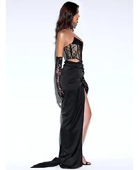 Miss Circle Women's Callie Black Lace Satin Corset High Slit Gown