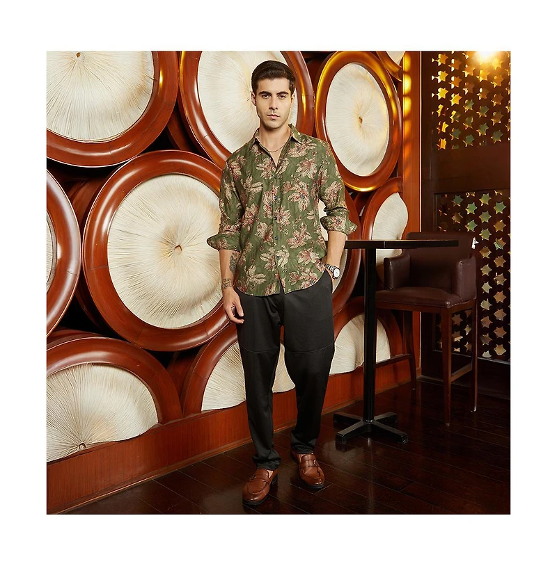 Campus Sutra Men's Olive Green Withering-Bloom Shirt