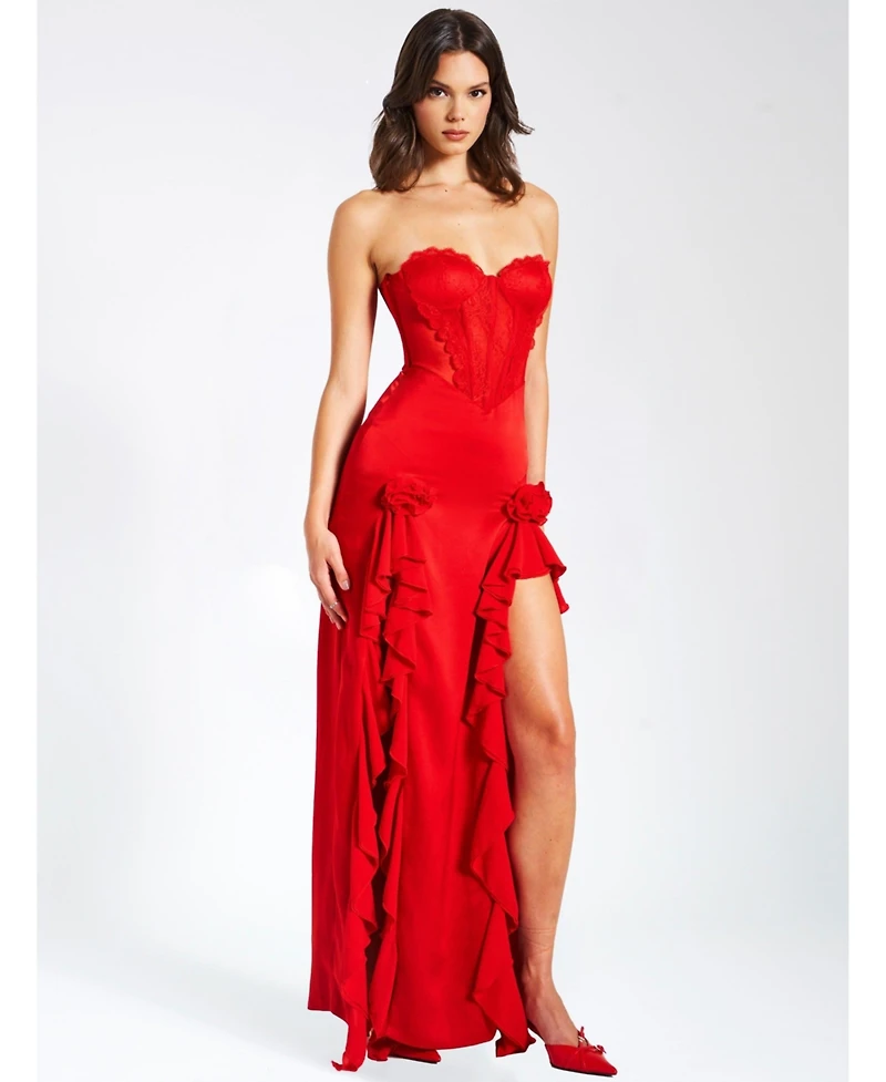 Miss Circle Women's Talia Red Satin Lace Corset Maxi Dress