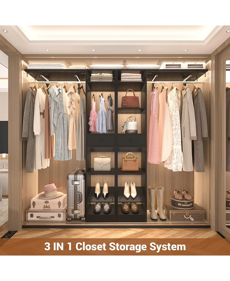 Aheaplus 58" - 90'' W Closet System with 2 Drawers, Large Walk-in Organizer 3 Hanging Rods and Shelves