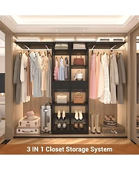 Aheaplus 58" - 90'' W Closet System with 2 Drawers, Large Walk-in Organizer 3 Hanging Rods and Shelves