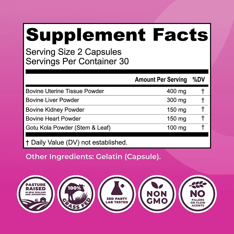 Beef Organ Supplement for Women with Beef Liver, Kidney, Heart & Uterus Tissue plus Gotu Kola 60ct