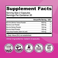 Beef Organ Supplement for Women with Beef Liver, Kidney, Heart & Uterus Tissue plus Gotu Kola 60ct