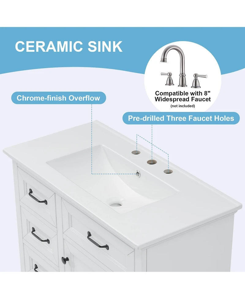 Boyel Living 36" Bathroom Vanity with Sink, 4 Drawers & Soft-Close Door, Freestanding Storage Cabinet