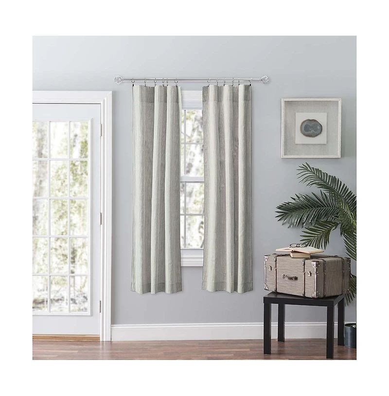 Ellis Curtain Plaza Classic Ticking Stripe Printed 3" Rod Pocket Tailored Panel Pair with Tiebacks 56" x Sage