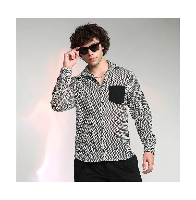 Campus Sutra Men's Onyx Black & Cream White Zig-Zag Block Shirt