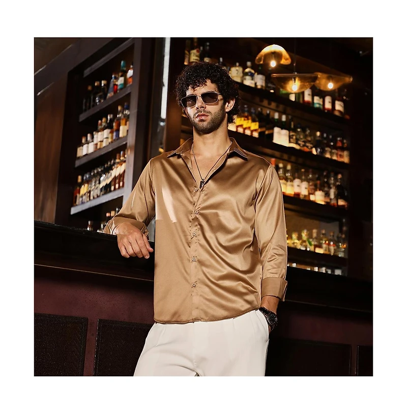 Campus Sutra Men's Sand Beige Solid Satin Shirt