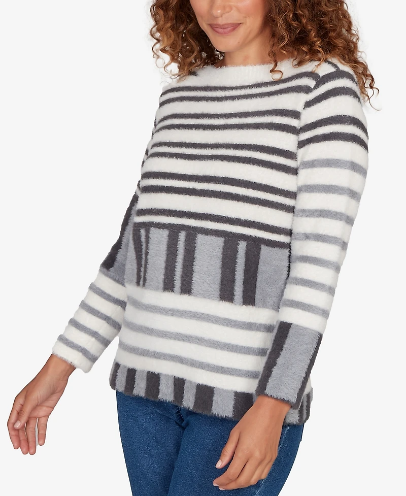 Ruby Rd. Petite Striped Feather Eyelash Pullover Sweater