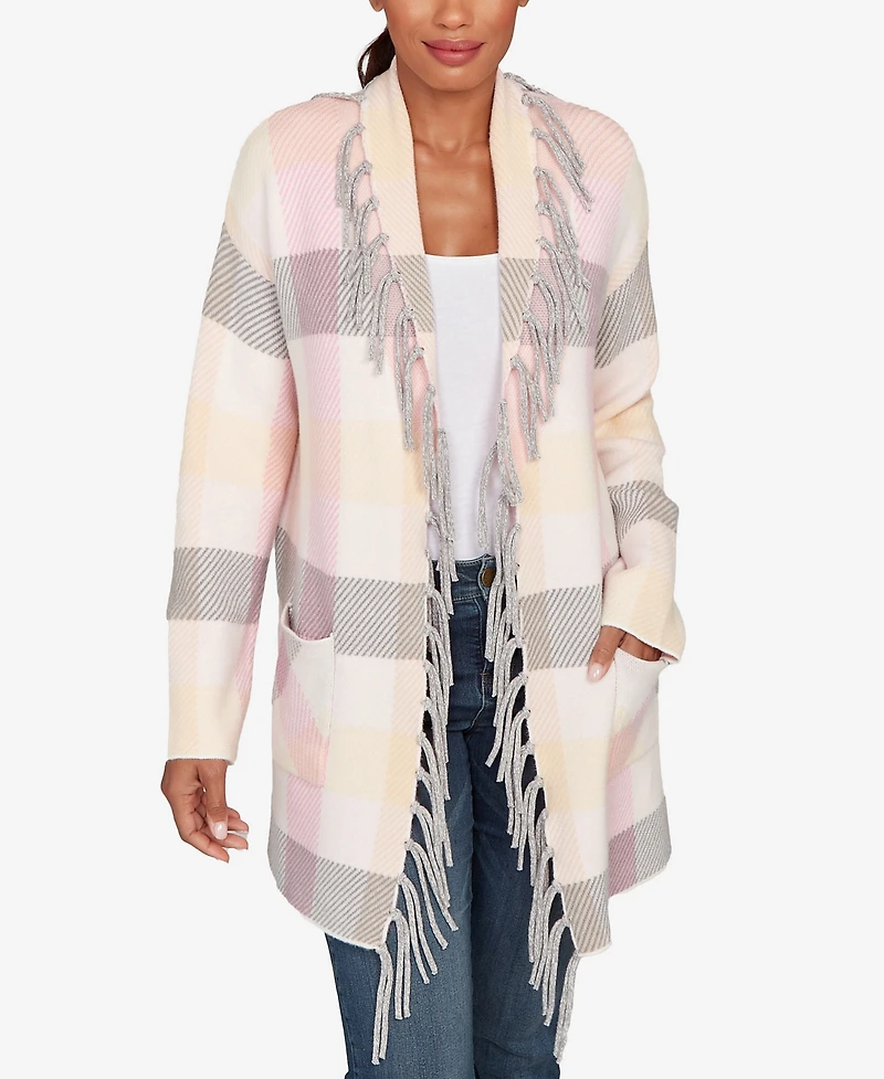 Ruby Rd. Petite Luxe Plaid Fringed Cardigan Sweater