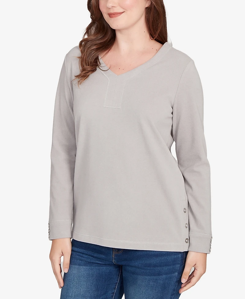 Ruby Rd. Petite Luxe Rib V-Neck Button Accent Knit Top