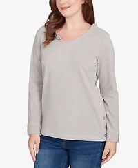 Ruby Rd. Petite Luxe Rib V-Neck Button Accent Knit Top