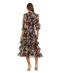 Mac Duggal Women's Chiffon 3/4 Sleeve A Line Midi Dress With Ruffles