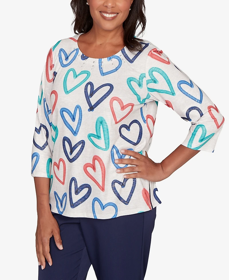 Alfred Dunner Women's Saratoga Springs Tossed Heart Pattern Knit Top