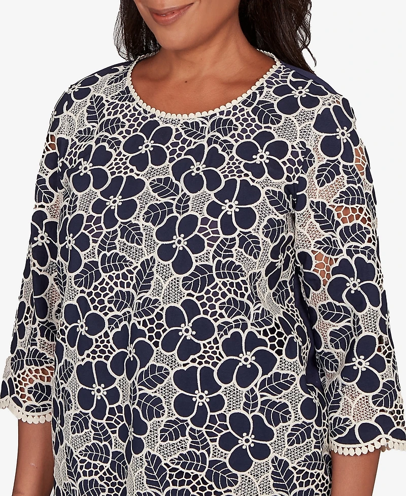 Alfred Dunner Women's Saratoga Springs Floral Lace Trim Soft Knit Top