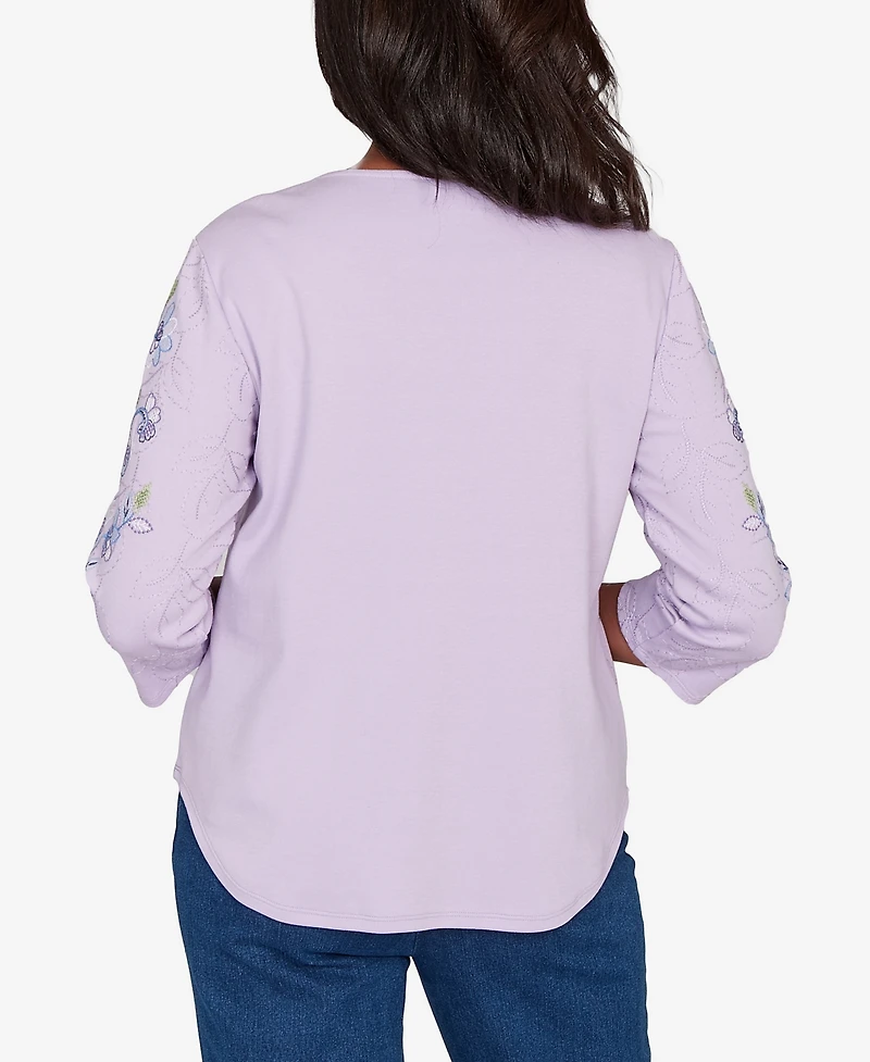 Alfred Dunner Women's Hilton Head Embroidered Sleeve Textured Top with Necklace