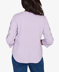 Alfred Dunner Women's Hilton Head Embroidered Sleeve Textured Top with Necklace