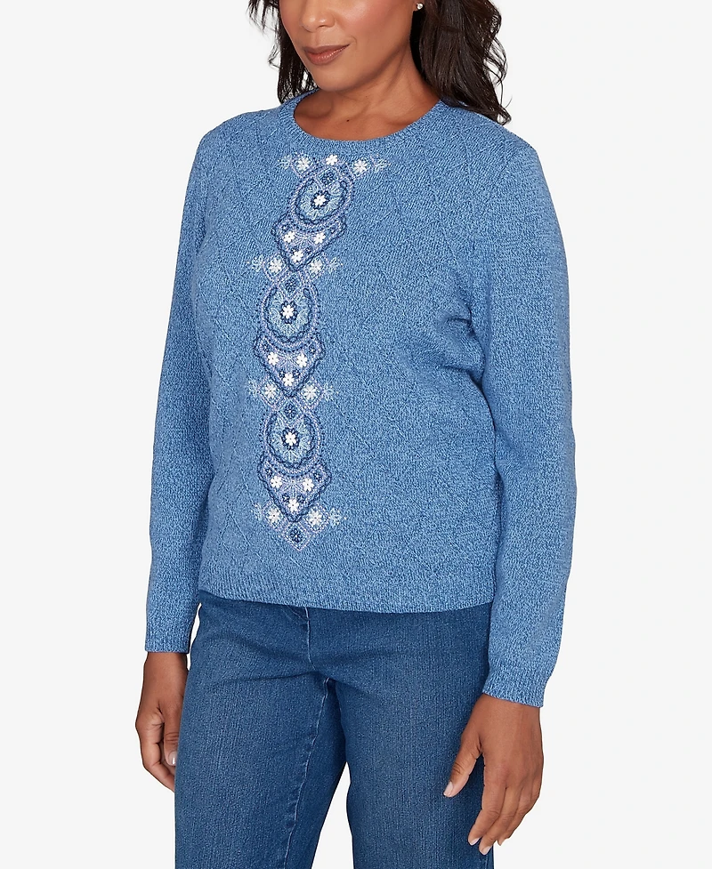 Alfred Dunner Women's Hilton Head Center Embroidery Accent Sweater